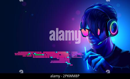 Programmer in headset coding programm text in VR interface. Software Developer of computer code. Code in programming environment. Futuristic computer Stock Vector