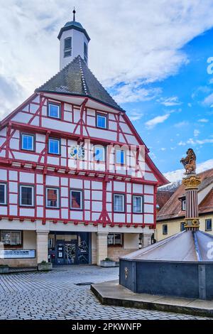 Blaubeuren near Ulm, Baden-Württemberg, Germany, Europe, historical town hall and market fountain in the Old Town. Stock Photo