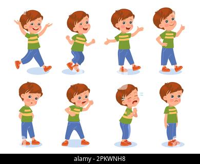 Funny boy expressions. Little hild with different emotions. Cheerful or upset teenager. Cartoon kids poses. Positive and negative states. Laughing and Stock Vector