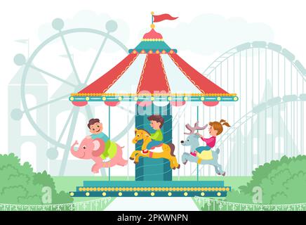 Happy children in amusement park. Happy kids on round carousel. Boys or girls ride merry-go-round. Different attraction animals. Deer and horse Stock Vector