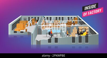Factory or warehouse inside and exterior view Stock Vector