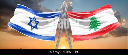 Flags of Israel and Lebanon on a  surface; Israeli-Lebanese relations.Conflict Stock Photo