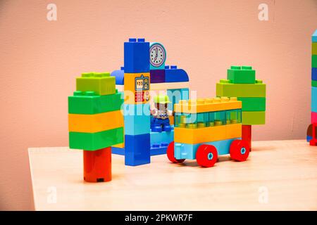 Chapaevsk, Samara region, Russia - January 22, 2022: Lego Minifigures of the Lego designer. Educational games. Selective focus Stock Photo