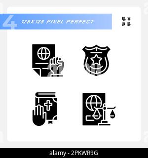 Low protecting human rights pixel perfect black glyph icons set on white space Stock Vector