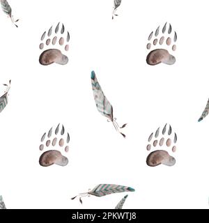 Beautiful seamless watercolor pattern ornament with elements of boho animal footprints and bird feathers for lining and baby bedding fabrics Stock Photo