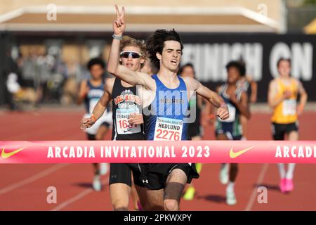 Carson Hedlund (2276) of Pioneer wins the rising stars mile in 4:15.47 during the Arcadia Invitational high school track meet, Saturday, April 8, 2023 Stock Photo