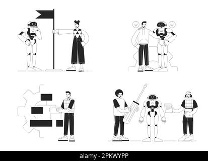 Develop artificial intelligence technologies black and white concept vector spot illustration pack Stock Vector