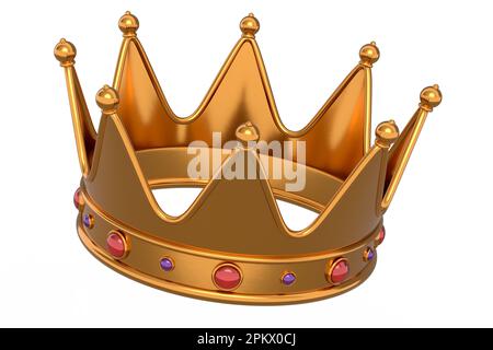 Gold royal king crown with jewelry isolated on white background. 3d render of concept headdress for king and queen. Monarch jewels or royalty luxury f Stock Photo