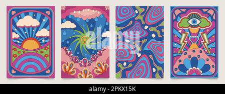 Retro psychedelic posters. Abstract 1970s hippie collage banner, colorful 70s banners with floral geometric shapes. Vector acid hippie flyer collectio Stock Vector