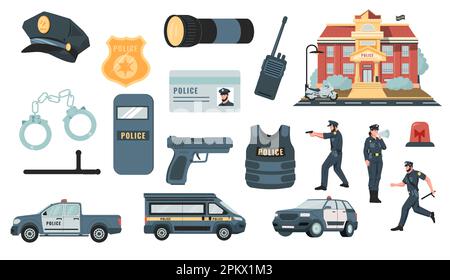 Police equipment. Policeman bulletproof vest badge car handgun flashlight, cartoon professional patrol officers and cops tools. Vector flat set of ves Stock Vector