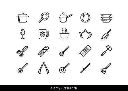 Kitchenware line icons. Clean dishes cooking pot frying pan grater colander wine glass tea pot cup sauce pan outline symbols. Vector cooking utensils Stock Vector