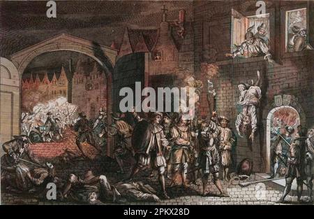 St. Bartholomew's Day massacre - Massacre de la saint  Barthelemy - Scène de la Saint Barthelemy dans les rues de Paris, en 1572. d'apres une Gravure du 16eme siecle Stock Photo