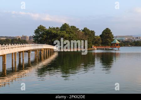 hexagonal pavilion of Ohori Park in Fukuoka city, Kyushu, Japan Stock Photo