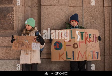 children striking from school for climate change in Stockholm. Stock Photo
