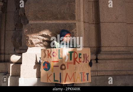 boy striking for climate change in Stockholm. Stock Photo