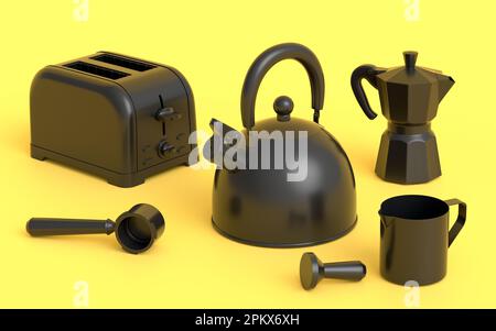 Kettle, toaster, coffee machine horn and geyser coffee maker on monochrome background. 3d render kitchen appliances making breakfast with latte coffee Stock Photo