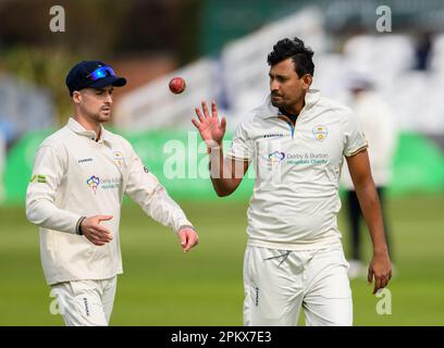 Derbyshire captain Leus du Plooy and bowler Suanga Lakmal during a County Championship match against Worcestershire Stock Photo