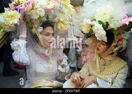 New York, USA. 9th Apr, 2023. People take part in the Easter Bonnet Parade in New York, the United States, on April 9, 2023. The annual Easter Bonnet Parade took place on the Fifth Avenue of Manhattan near St. Patrick's Cathedral on Sunday. Credit: Li Rui/Xinhua/Alamy Live News Stock Photo