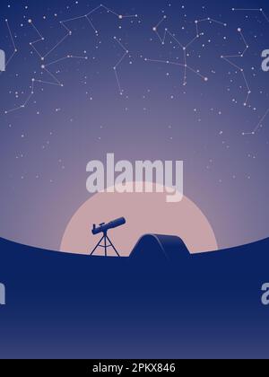 Observatory camping with telescope and tent on the background of moon and starry sky. Astronomical observations. Stock Vector