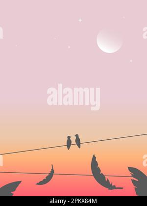 Illustration of two birds sitting on wire line on the background of colorful evening sky, moon and falling feathers. Stock Vector
