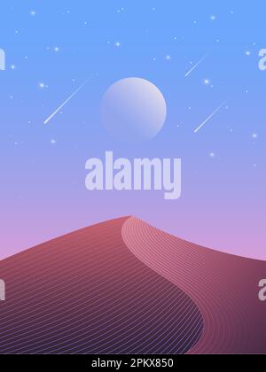 Illustration of night desert with sand dune, full moon and starry sky view. Stock Vector