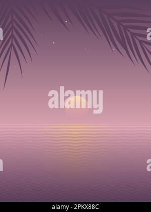 Tropical tranquil seascape with palm leaf silhouette and stars. Stock Vector
