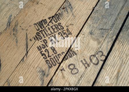 The printed top of a Whiskey or whisky barrel. Brown-Forman corporation. Stock Photo