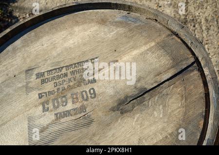 The printed top of a Whiskey or whisky barrel. Jim Beam. Stock Photo