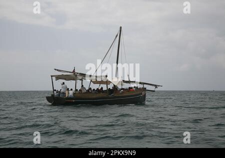 Sailing dhow off the coast of Mombasa, Indian Ocean. Stock Photo