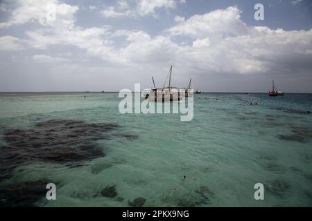 Sailing dhow off the coast of Mombasa, Indian Ocean. Stock Photo