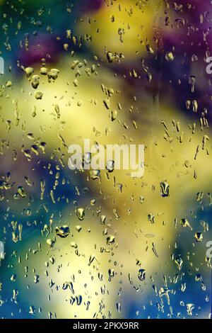 Close up of raindrops on window against a yellow and blue background Stock Photo