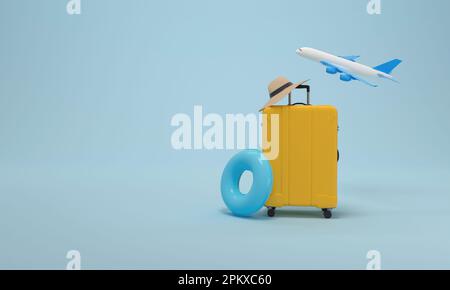 Yellow suitcase packed, float, hat and airplane on blue background for summer vacation. 3D Rendering Stock Photo