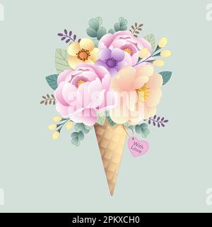 Vector illustration of a bouquet of flowers in pastel colors in an ice cream cone Stock Vector