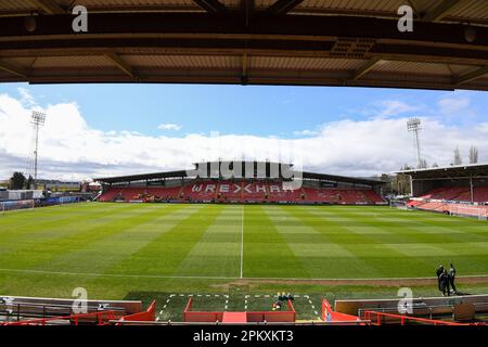 Wrexham, UK. 10th April 2023. Wrexham, UK. 10th Apr, 2023. General view of The Racecourse Ground, home to Wrexham during the Vanarama National League match between Wrexham and Notts County at the Glyndµr University Racecourse Stadium, Wrexham on Monday 10th April 2023. (Photo: Jon Hobley | MI News) Credit: MI News & Sport /Alamy Live News Stock Photo