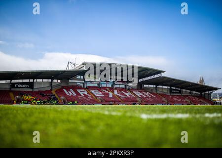 Wrexham, UK. 10th Apr, 2023. A general view of the Racecourse Ground before the Vanarama National League match Wrexham vs Notts County at The Racecourse Ground, Wrexham, United Kingdom, 10th April 2023 (Photo by Ritchie Sumpter/News Images) in Wrexham, United Kingdom on 4/10/2023. (Photo by Ritchie Sumpter/News Images/Sipa USA) Credit: Sipa USA/Alamy Live News Stock Photo