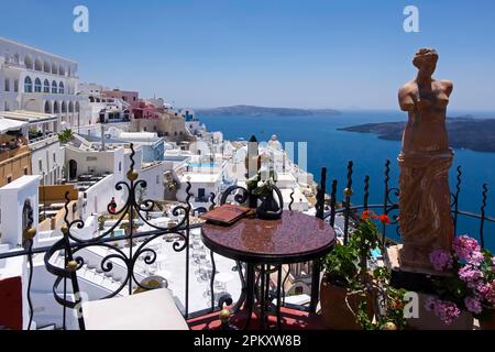 Terrace overlooking the houses of Fira, Thira, Santorini, Cyclades, Greece Stock Photo