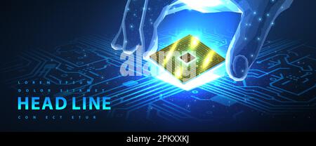 Computer chip. Microprocessor in digital hand on circuit board. Stock Vector