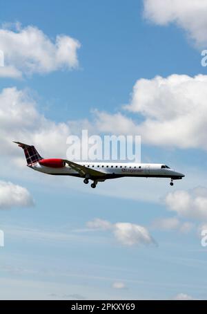 Loganair Embraer ERJ-145EP landing at Birmingham Airport, UK (G-SAJF) Stock Photo