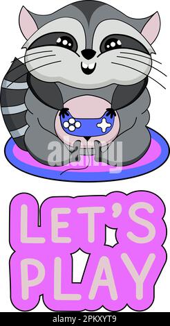 Let s play. T-shirt printing for gamers. Fat cute raccoon gamer Stock Vector