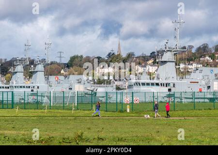 Haulbowline, Co. Cork, Ireland. 10th Apr, 2023. All four Irish naval vessels are laying idle today at the Irish Defence Forces Naval Service Base on Haulbowline Island. The Irish Navy has so much personnel recruitment and retention issues that there isn't enough sailors to crew a ship for patrol. Credit: AG News/Alamy Live News Stock Photo