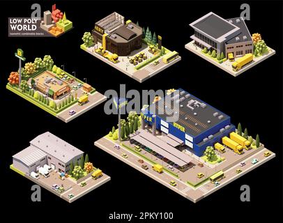 Vector isometric world map creation set. Combinable map elements. Town or city commercial area map Stock Vector