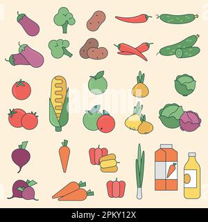 Vegetable thin line color design element set. Stock Vector