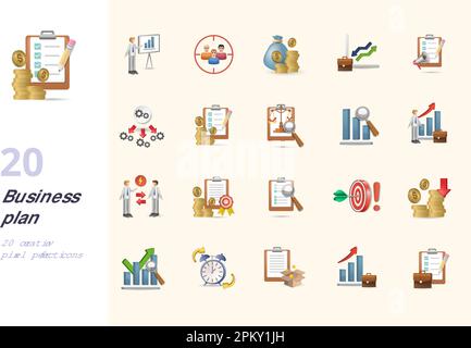 Business plan set. Creative icons: presentation, audience, capital, market analytics, marketing plan, operation management, financial plan, swot Stock Vector