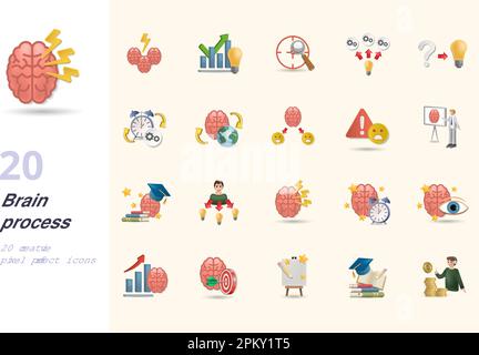 Brain process set. Creative icons: brainstorming, solutions, focus, skill, solve the problem, experience, global thinking, emotion, failure Stock Vector
