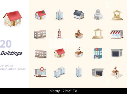Buildings set. Creative icons: home, office, villa, goverment, bank, school, lighthouse, church, museum, shop, hospital, house, municipal, hotel Stock Vector