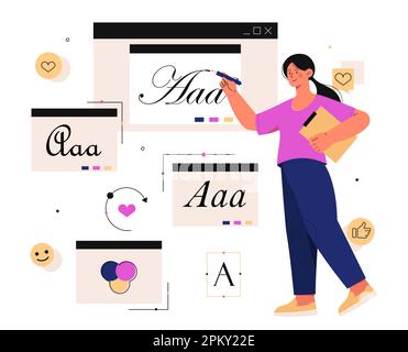 Work at home font design with girl doing homework illustration Stock ...