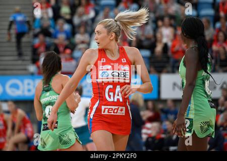 10th April 2023;  Ken Rosewall Arena, Sydney, NSW, Australia: Suncorp Super Netball , New South Wales Swifts versus West Coast Fever;  Helen Housby of the NSW Swifts Stock Photo