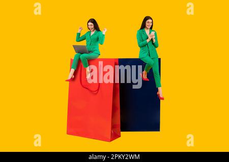 Composite collage picture of women shopaholic sitting on huge shopping bags and using cellphone, yellow background Stock Photo