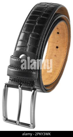 Snail twisted black leather belt isolated on white background Stock Photo