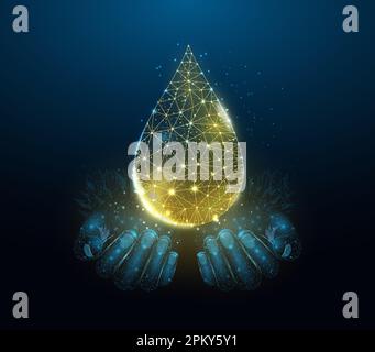 Two human hands are holds oil drop. Wireframe glowing low poly design on dark blue background. Abstract futuristic vector illustration Stock Vector